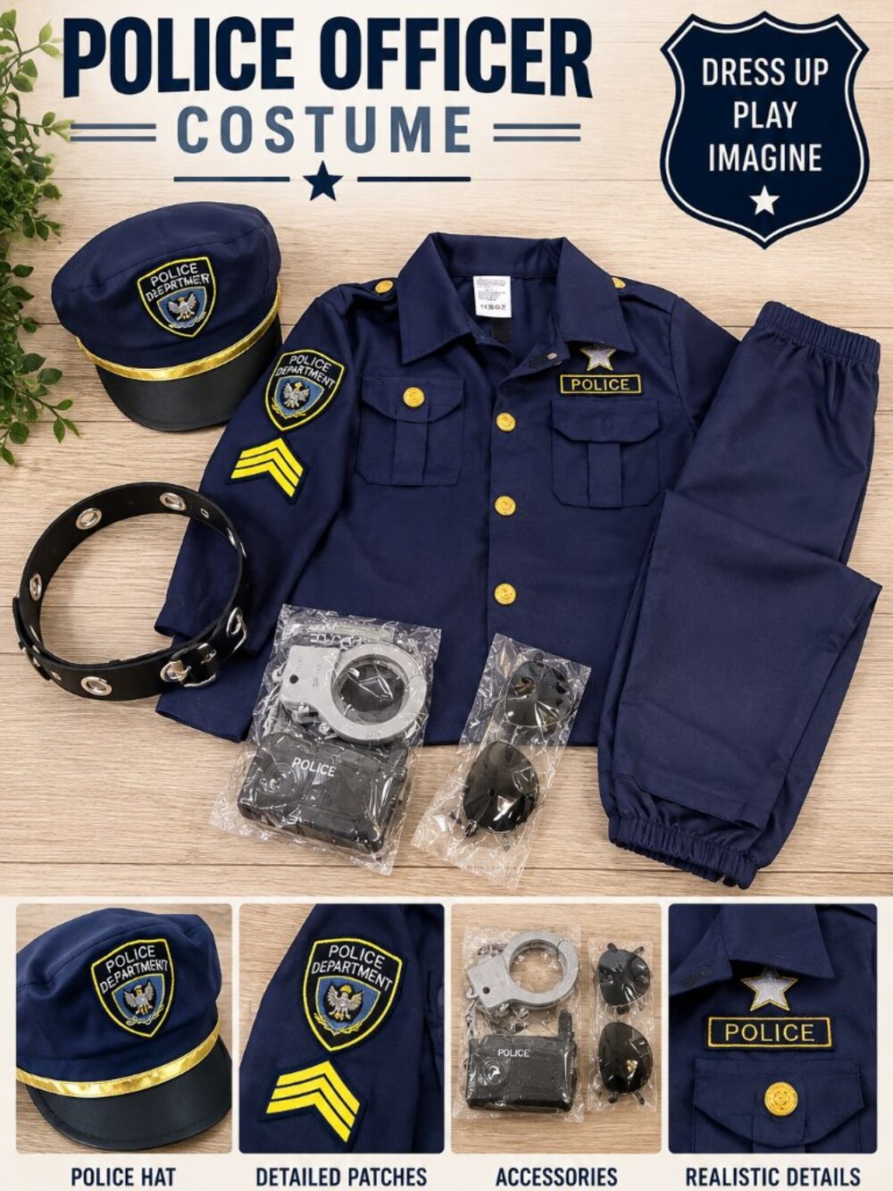 Kids Police Officer Costume Size Small Uniform Hat Belt Accessories